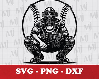 May include: Black and white graphic of a baseball catcher in a crouched position, wearing full protective gear, including a helmet, chest protector, and leg guards. The catcher is positioned in front of a baseball. The text "SVG - PNG - DXF" is at the bottom.