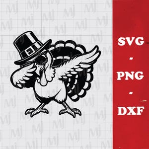 Puede incluir: Una ilustración en blanco y negro de un pavo de Acción de Gracias con un sombrero de peregrino y gafas de sol, haciendo el dab. El pavo tiene una cola grande y está de pie sobre dos patas.