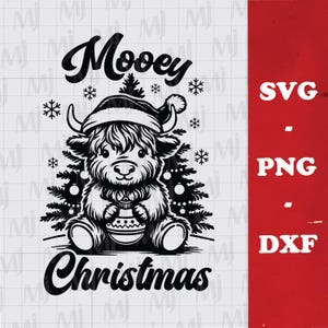 Peut inclure: Illustration en noir et blanc d'une vache écossaise portant un bonnet de Père Noël et tenant un ornement de Noël. Le texte "Mooey Christmas" est sous la vache.