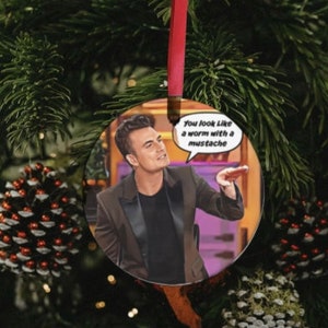May include: Round Christmas ornament featuring a man with dark hair and a black jacket. The ornament has a white background with a purple and pink design. The text on the ornament reads "You look like a worm with a mustache."
