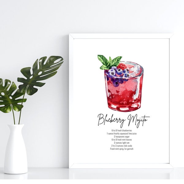 Blueberry Mojito Recipe Digital Download Art, Kitchen, Dining, decor