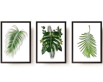 May include: Three framed prints of tropical leaves. The prints are in black frames and feature different types of leaves, including palm leaves and monstera leaves.