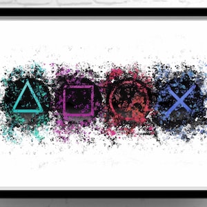 May include: A white background with a black frame. Four colourful symbols are arranged horizontally in the centre of the image. The symbols are a blue triangle, a purple square, a red circle, and a blue X. The symbols are surrounded by black and white splattered paint.