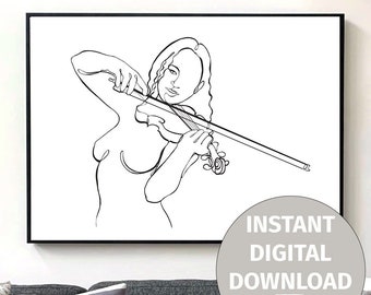 Minimalist music art DIGITAL DOWNLOAD, Violinist art, female nude one line drawing, female single line art printable music gift