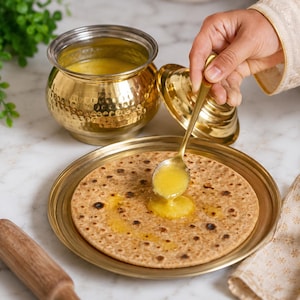 Handgefertigter Ghee-Topf aus Messing mit Deckel und Löffel, indischer Buttertopf, Ghee-Behälter aus Messing, traditionelles Küchenvorratsgefäß, indische Küche