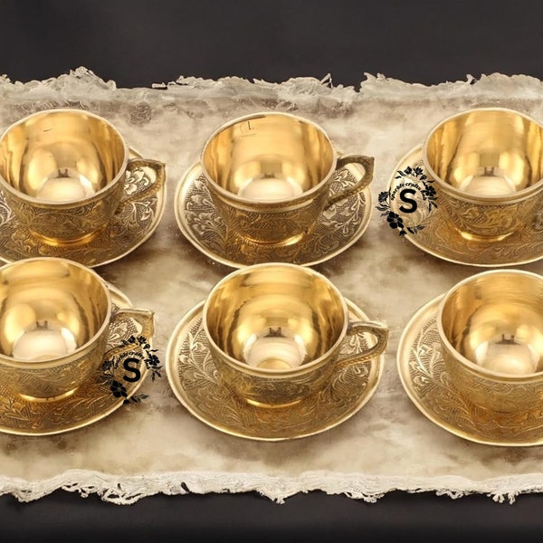 Pure Brass Cups & Saucer Set, Embroidered Design Brass Cups With Saucer For Serving Tea Coffee, Royal Style Tea Cup Set, Valentinesday Gift