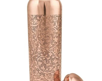 Handmade Embossed Copper Water Bottle, Pure Copper Drinkware