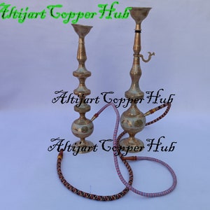 Indian Brass Vintage Multicolored Rust Finish Vintage Peacock Print Hukka folding Hookah Set Pipes Antique Finished Unique Home Decor