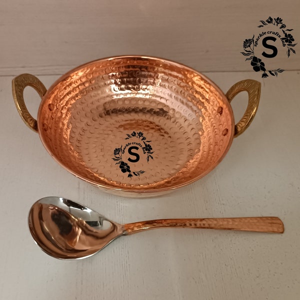 Pure Copper Kadai/Bowl/Kadhai with Serving Spoon Cookware & Serving with Brass Handle Use For Restaurant Hotel Home Kitchen Cookingware