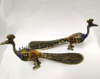 Brass Multicolored Rust Finish Vintage Peacock, Brass Articles, Antique Home Decor Statue, Anniversary Gift, Brass Shoe Horn. Brass Decor