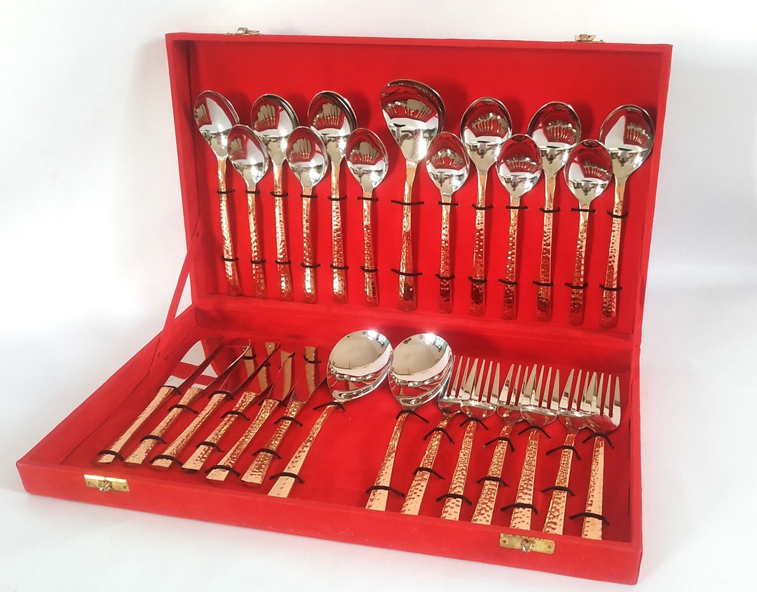 Pure Copper & Stainless Steel Cutlery Set Storage Box, 27 Piece Set
