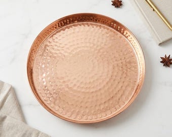 Bandeja de servir de cobre puro martillado a mano: decoración india para el hogar