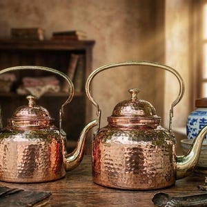 May include: Two copper teapots with hammered textures and brass handles and spouts. The teapots have domed lids and are displayed on a wooden surface. The background includes a bookshelf, a window, and decorative items.
