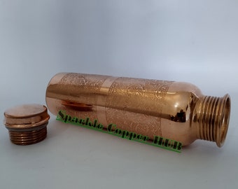 Embossed Copper Bottle with Lid: Vintage Etching Floral Design
