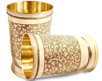 Handmade Indian Brass Tumbler: Embossed Etched Glass Drinkware