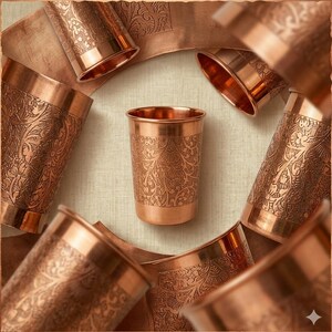 Geprägter Kupferbecher: Handgemachtes indisches Trinkgefäß (300 ml)