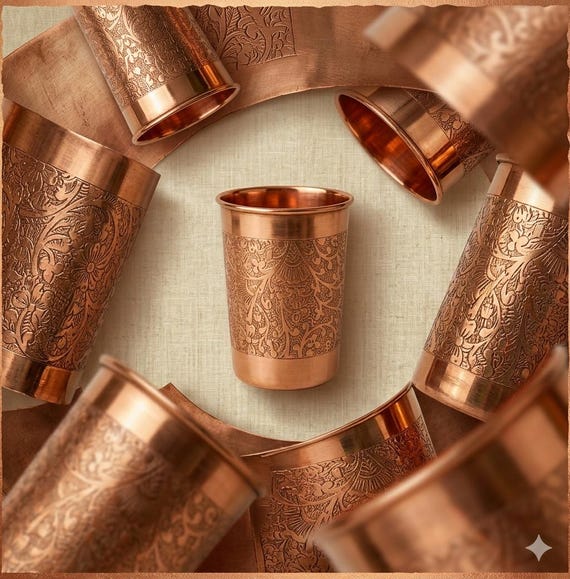 Embossed Copper Tumbler: Handmade Indian Drinkware (300 ml)