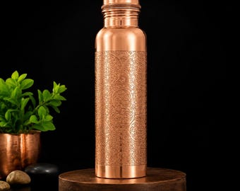 Pure Copper Water Bottle 1000ml, Handmade Engraved Bottle, Ayurvedic Drinkware, Leak Proof Copper Flask, Wellness Gift