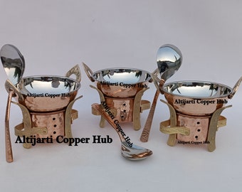 Copper Sigdi with Brass Handles, Food Warmer for Home, Restaurant With Serving Wok Serving Spoon, Copper Food Warmer Angeethi Tableware Gift