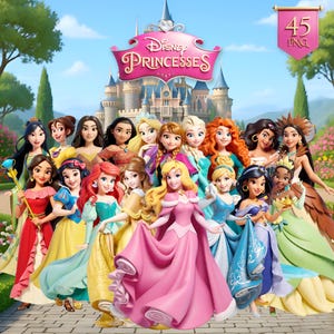 Könnte beinhalten: Eine digitale Illustration mit einer Gruppe von Disney-Prinzessinnen in ihren ikonischen Kleidern. Die Prinzessinnen stehen vor einem Schloss und einem Banner mit der Aufschrift "Disney Princesses" mit rosa Hintergrund. Ein Banner in der oberen rechten Ecke lautet "45 PNG".