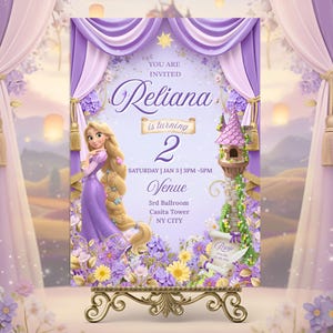 May include: A party invitation featuring a princess theme. The design includes a cartoon illustration of a princess in a purple dress with long blonde hair. The invitation is decorated with purple and gold accents, flowers, and the text "Reliana is turning 2."