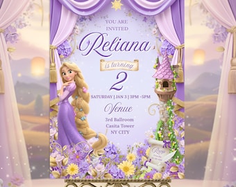 May include: A party invitation featuring a princess theme. The design includes a cartoon illustration of a princess in a purple dress with long blonde hair. The invitation is decorated with purple and gold accents, flowers, and the text "Reliana is turning 2."