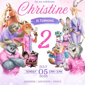 Puede incluir: Una invitaci&oacute;n rosa y morada para una fiesta de cumplea&ntilde;os con personajes de dibujos animados. La invitaci&oacute;n dice "Christine cumple 2 a&ntilde;os" e incluye la fecha, la hora y la informaci&oacute;n de RSVP. El tema es "Zoorific adventure".