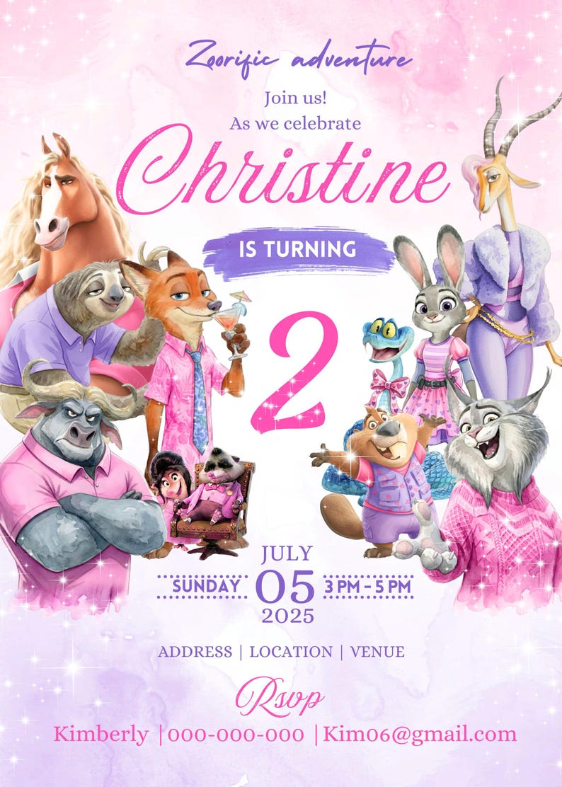 Puede incluir: Una invitaci&oacute;n rosa y morada para una fiesta de cumplea&ntilde;os con personajes de dibujos animados. La invitaci&oacute;n dice "Christine cumple 2 a&ntilde;os" e incluye la fecha, la hora y la informaci&oacute;n de RSVP. El tema es "Zoorific adventure".