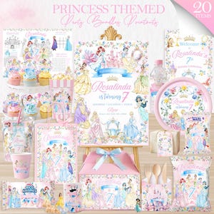 Pode incluir: Um pacote de festa com tema de princesa com 20 itens, apresentando ilustrações de várias princesas. O conjunto inclui convites, pratos, xícaras e outros materiais de festa, todos em rosa e azul com detalhes florais. O texto diz "Rosalinda está fazendo 7 anos."