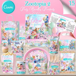 以下が含まれることがあります： ズートピア2をテーマにしたパーティー用品のコレクション。ギフトバッグ、お皿、カップ、スナックボックスなど。映画のキャラクターと「Rose 8th Birthday」の文字が特徴です。配色は主にピンクとパステルカラーです。