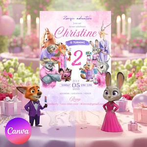 Puede incluir: Una invitaci&oacute;n de cumplea&ntilde;os rosa y blanca con personajes de la pel&iacute;cula Zootopia. La invitaci&oacute;n incluye el texto "Christine cumple 2 a&ntilde;os" y detalles del evento. El dise&ntilde;o incluye personajes de dibujos animados y el logotipo de Canva.