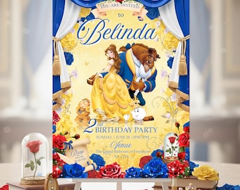 May include: A birthday party invitation featuring Belle and the Beast from Beauty and the Beast. The invitation has a yellow background with blue and gold accents, and the text "You are invited to Belinda's 2nd Birthday Party."