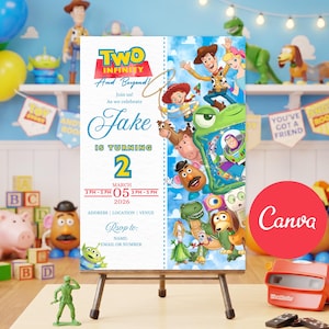 Op de afbeelding: Een rechthoekige verjaardagsuitnodiging met Toy Story-personages zoals Woody, Buzz Lightyear en Jessie. De tekst luidt Two Infinity And Beyond, Jake Is Turning 2, March 05 2026, 3 PM - 5 PM, inclusief velden voor adresgegevens en RSVP-informatie.