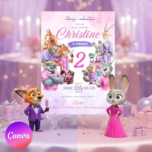 Puede incluir: Una invitaci&oacute;n de cumplea&ntilde;os con tem&aacute;tica de Zootopia con los personajes Judy Hopps y Nick Wilde. La invitaci&oacute;n es rosa y blanca, con el nombre "Christine" y el n&uacute;mero "2". La fecha es el 5 de julio de 2025.