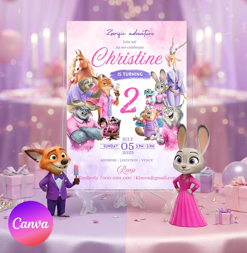 Puede incluir: Una invitaci&oacute;n de cumplea&ntilde;os con tem&aacute;tica de Zootopia con los personajes Judy Hopps y Nick Wilde. La invitaci&oacute;n es rosa y blanca, con el nombre "Christine" y el n&uacute;mero "2". La fecha es el 5 de julio de 2025.