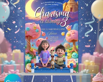 May include: A colorful birthday party invitation featuring the text "Charisma is turning 3." The design includes cartoon characters, a whimsical landscape with a moon, and the event details: Jan 5, Saturday, 3 PM, at the Casita Tower in NYC.