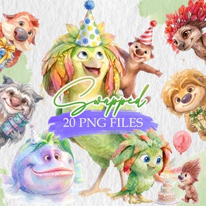 Può includere: Illustrazione ad acquerello con varie creature dei cartoni animati, tra cui un uccello e un pesce, tutti con cappelli da festa e regali. L'immagine include il testo "Swapped" e "20 PNG FILES".