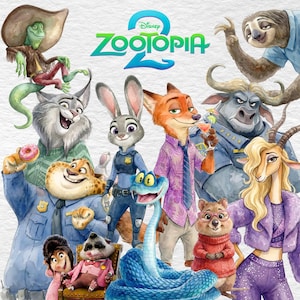 以下が含まれることがあります： ディズニーのズートピア2のキャラクターが登場する水彩イラスト。ジュディ・ホップス、ニック・ワイルド、その他の擬人化された動物が含まれています。「ズートピア2」のタイトルが上部に青と緑のフォントで表示されています。
