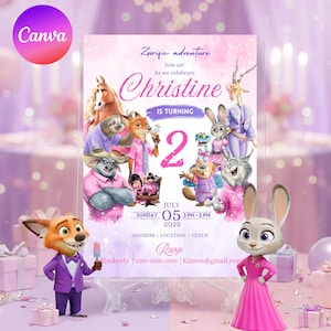 Puede incluir: Una invitaci&oacute;n de cumplea&ntilde;os rosa y blanca con personajes de dibujos animados de Zootopia. La invitaci&oacute;n incluye el texto "Christine cumple 2 a&ntilde;os" y los detalles del evento. El logotipo de Canva est&aacute; en la esquina superior izquierda.