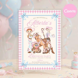 Invito di compleanno a tema Toy Story / Tema Cowgirl rosa, modello Canva modificabile (download digitale)