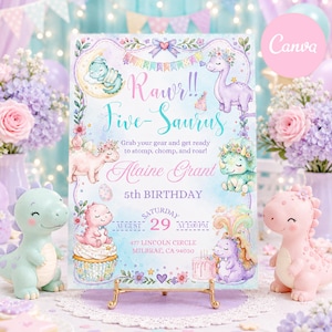 May include: A rectangular birthday invitation sign featuring pastel watercolor dinosaurs, floral accents, and bunting. Text includes Rawr!! Five-Saurus, Alaine Grant, 5th BIRTHDAY, SATURDAY AUGUST 29 AT 1:00 PM, and 477 LINCOLN CIRCLE MILBRAE, CA 94030.