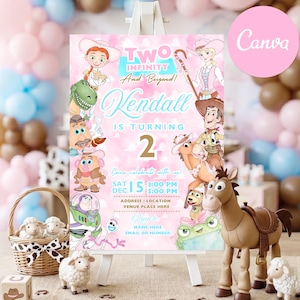 Può includere: Un cartello di invito per compleanno rosa con personaggi dei cartoni animati tra cui una cowgirl, un cowboy, un ranger spaziale, un dinosauro e un cavallo. Il testo recita Two Infinity And Beyond, Kendall Is Turning 2, con dettagli e RSVP.