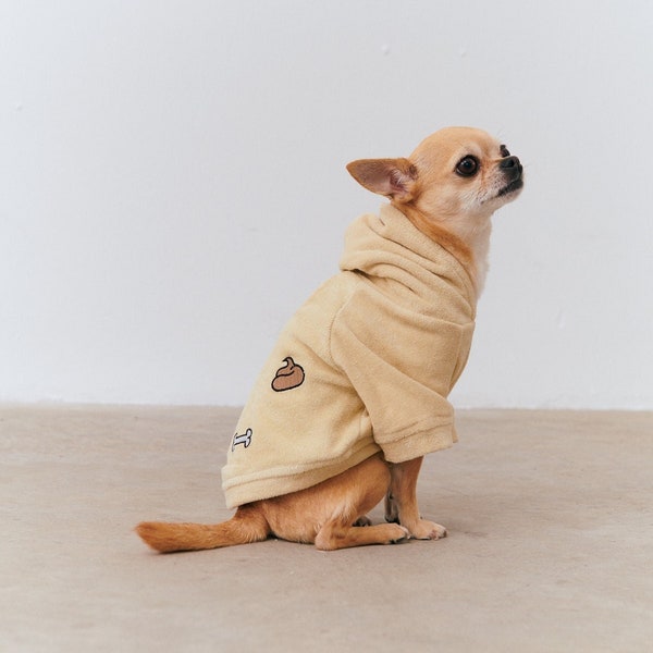Dog Towel Hoodie - Organic Soft Cotton - Sand - Heart, Poop, Bone Embroidery