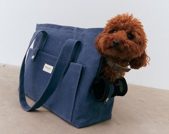 Denim Blue Dog Carrier Bag, Organic Cotton Pet Travel Bag for Dogs, Handmade Minimalist Dog Purse, Eco Friendly Dog Mom Gift