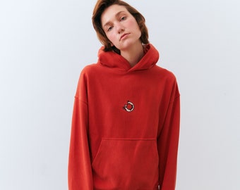 Red Organic Soft Cotton Hoodie - Dachshund Embroidery