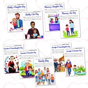 May include: Printable cards with colourful illustrations of families, including a father and daughter, a mother and son, a grandmother and granddaughter, a grandfather and grandson, and a family with a dog. The cards have blank spaces for writing in the occasion, time, date, and location.
