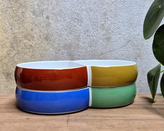 Arzberg Porzellanfabrik Germany 70s Chromatics Goldbraun Block Blue Green Stacking Double Bowl Serving Dish Design by Gerald Gulotta.