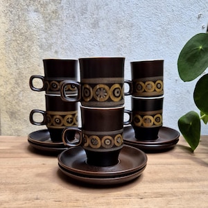 Vintage Denby Pottery England Arabesque Coffee Cup and Saucer Mid Century Modern 1960s 1970s.