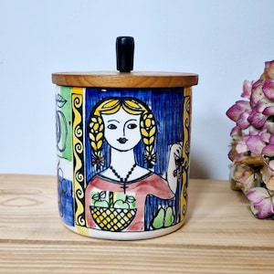 JIE Gantofta Sweden Vår lilla stad - Our Small Town Canister Ceramic Jar with Wooden Lid Design by Anita Nylund.