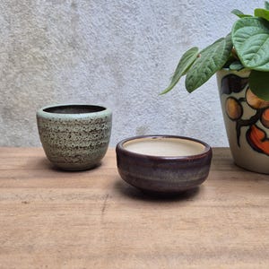 May include: Two small ceramic pots. One is a light green with a textured surface, and the other is a dark brown with a smooth finish. The pots are on a wooden surface, with a larger decorative pot with a plant in the background.